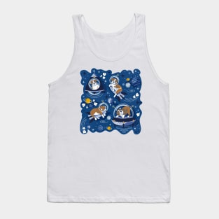 Intergalactic doggie dreams // spot illustration // classic blue background white and bronze English Bulldogs goldenrod yellow denim and pastel blue planets and space ships Tank Top